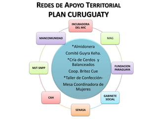 *Almidonera
Comité Guyra Keha.
*Cría de Cerdos y
Balanceados
Coop. Britez Cue
*Taller de Confección-
Mesa Coordinadora de
Mujeres
INCUBADORA
DEL MIC
MAG
FUNDACION
PARAGUAYA
GABINETE
SOCIAL
SENASA
CAH
MJT-SNPP
MANCOMUNIDAD
REDES DE APOYO TERRITORIAL
PLAN CURUGUATY
 