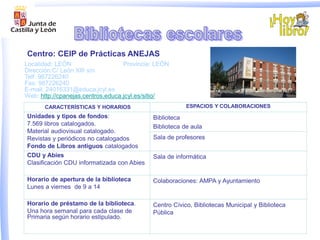 Centro: CEIP de Prácticas ANEJAS
Localidad: LEÓN                    Provincia: LEÓN
Dirección:C/ León XIII s/n
Telf: 987226240
Fax: 987226240
E-mail: 24016331@educa.jcyl.es
Web: http://cpanejas.centros.educa.jcyl.es/sitio/
       CARACTERÍSTICAS Y HORARIOS                       ESPACIOS Y COLABORACIONES
Unidades y tipos de fondos:                 Biblioteca
7.569 libros catalogados.                   Biblioteca de aula
Material audiovisual catalogado.
Revistas y periódicos no catalogados        Sala de profesores
Fondo de Libros antiguos catalogados
CDU y Abies                                 Sala de informática
Clasificación CDU informatizada con Abies

Horario de apertura de la biblioteca        Colaboraciones: AMPA y Ayuntamiento
Lunes a viernes de 9 a 14

Horario de préstamo de la biblioteca.       Centro Cívico, Bibliotecas Municipal y Biblioteca
Una hora semanal para cada clase de         Pública
Primaria según horario estipulado.
 