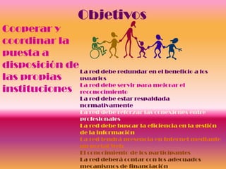 Objetivos
Cooperar y
coordinar la
puesta a
disposición de
               La red debe redundar en el beneficio a los
las propias    usuarios
               La red debe servir para mejorar el
instituciones reconocimiento
                     La red debe estar respaldada
                     normativamente
                     La red debe reforzar las conexiones entre
                     profesionales
                     La red debe buscar la eficiencia en la gestión
                     de la información
                     La red tendrá presencia en Internet mediante
                     un portal Web
                     El conocimiento de los participantes
                     La red deberá contar con los adecuados
                     mecanismos de financiación
 