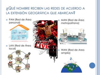 ¿Qué nombre reciben las redes de acuerdo a la extensión geográfica que abarcan?PAN (Red de Área personal)LAN (Red de Área local)MAN (Red de Área metropolitana)WAN (Red de Area amplia)