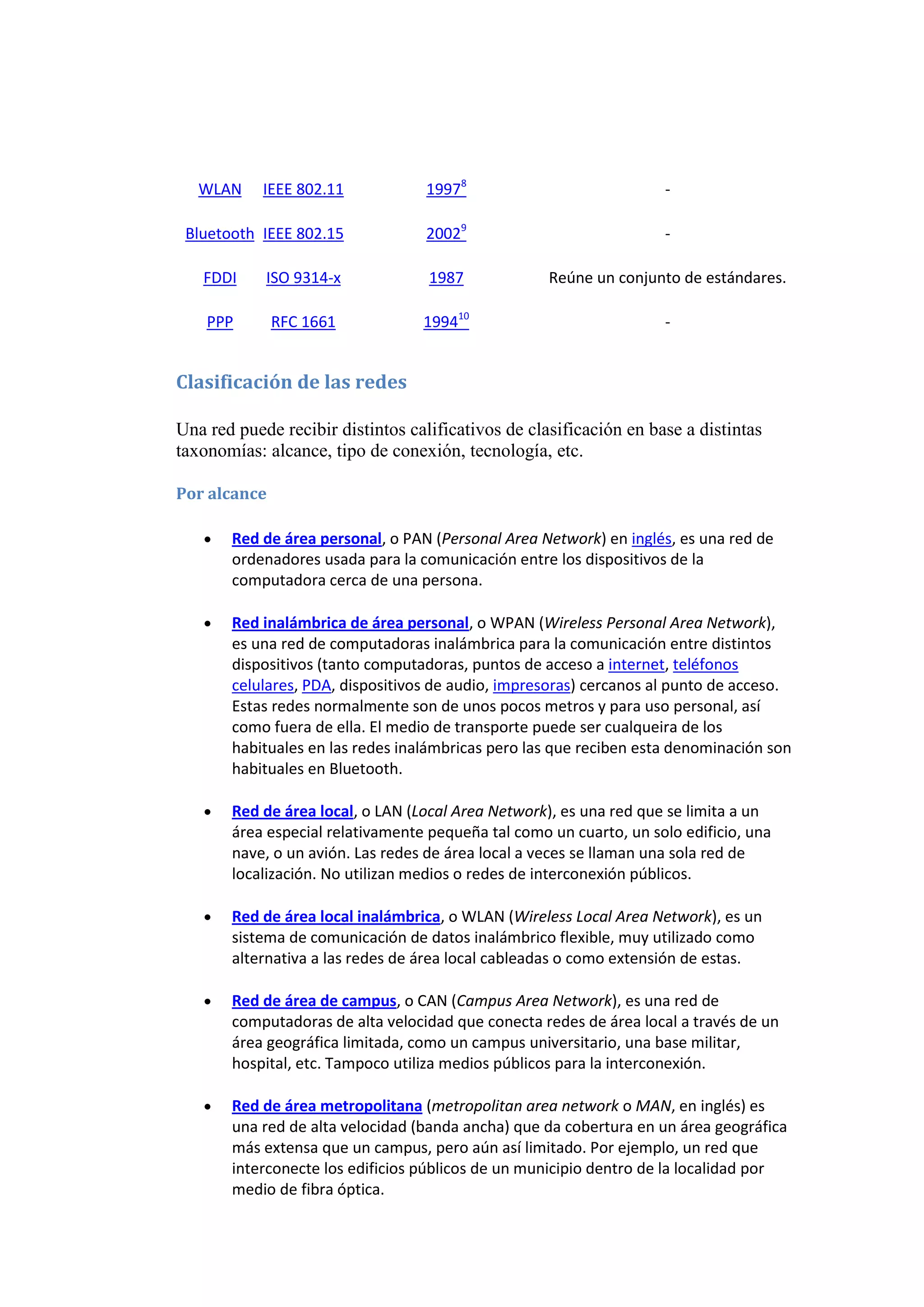 WLAN     IEEE 802.11            19978                            -

 Bluetooth IEEE 802.15             20029                            -

   FDDI     ISO 9314-x             1987             Reúne un conjunto de estándares.

    PPP       RFC 1661            199410                            -


Clasificación de las redes

Una red puede recibir distintos calificativos de clasificación en base a distintas
taxonomías: alcance, tipo de conexión, tecnología, etc.

Por alcance

       Red de área personal, o PAN (Personal Area Network) en inglés, es una red de
       ordenadores usada para la comunicación entre los dispositivos de la
       computadora cerca de una persona.

       Red inalámbrica de área personal, o WPAN (Wireless Personal Area Network),
       es una red de computadoras inalámbrica para la comunicación entre distintos
       dispositivos (tanto computadoras, puntos de acceso a internet, teléfonos
       celulares, PDA, dispositivos de audio, impresoras) cercanos al punto de acceso.
       Estas redes normalmente son de unos pocos metros y para uso personal, así
       como fuera de ella. El medio de transporte puede ser cualqueira de los
       habituales en las redes inalámbricas pero las que reciben esta denominación son
       habituales en Bluetooth.

       Red de área local, o LAN (Local Area Network), es una red que se limita a un
       área especial relativamente pequeña tal como un cuarto, un solo edificio, una
       nave, o un avión. Las redes de área local a veces se llaman una sola red de
       localización. No utilizan medios o redes de interconexión públicos.

       Red de área local inalámbrica, o WLAN (Wireless Local Area Network), es un
       sistema de comunicación de datos inalámbrico flexible, muy utilizado como
       alternativa a las redes de área local cableadas o como extensión de estas.

       Red de área de campus, o CAN (Campus Area Network), es una red de
       computadoras de alta velocidad que conecta redes de área local a través de un
       área geográfica limitada, como un campus universitario, una base militar,
       hospital, etc. Tampoco utiliza medios públicos para la interconexión.

       Red de área metropolitana (metropolitan area network o MAN, en inglés) es
       una red de alta velocidad (banda ancha) que da cobertura en un área geográfica
       más extensa que un campus, pero aún así limitado. Por ejemplo, un red que
       interconecte los edificios públicos de un municipio dentro de la localidad por
       medio de fibra óptica.
 