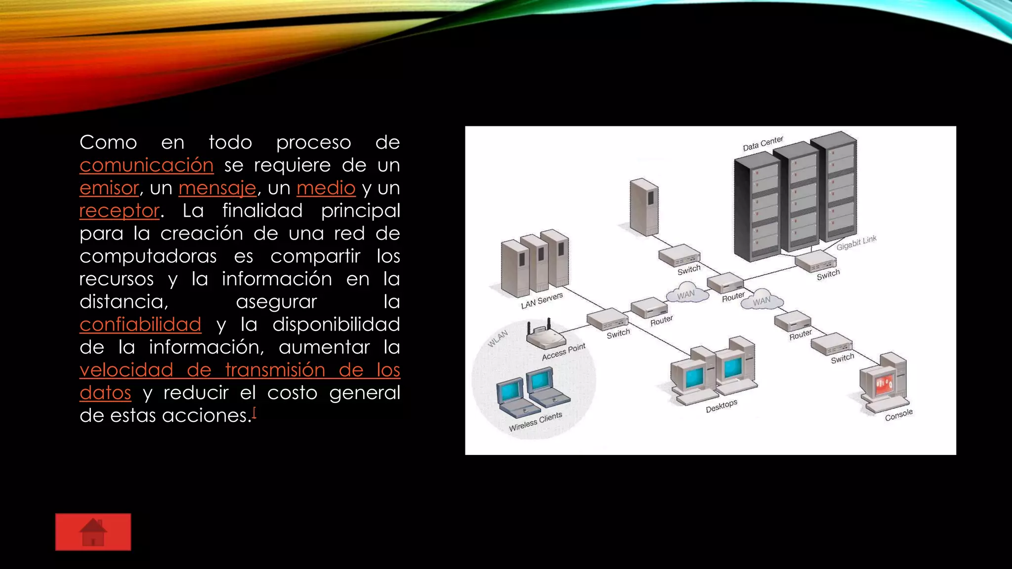 Como en todo proceso de
comunicación se requiere de un
emisor, un mensaje, un medio y un
receptor. La finalidad principal
para la creación de una red de
computadoras es compartir los
recursos y la información en la
distancia, asegurar la
confiabilidad y la disponibilidad
de la información, aumentar la
velocidad de transmisión de los
datos y reducir el costo general
de estas acciones.[
 