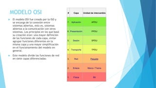 MODELO OSI 
 El modelo OSI fue creado por la ISO y 
se encarga de la conexión entre 
sistemas abiertos, esto es, sistemas 
abiertos a la comunicación con otros 
sistemas. Los principios en los que basó 
su creación eran: una mayor definición 
de las funciones de cada capa, evitar 
agrupar funciones diferentes en la 
misma capa y una mayor simplificación 
en el funcionamiento del modelo en 
general. 
 Este modelo divide las funciones de red 
en siete capas diferenciadas: 
# Capa Unidad de intercambio 
7. Aplicación APDU 
6. Presentación PPDU 
5. Sesión SPDU 
4. Transporte TPDU 
3. Red Paquete 
2. Enlace Marco / Trama 
1. Física Bit 
 