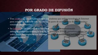 POR GRADO DE DIFUSIÓN
• Una intranet es una red privada de computadoras que utiliza tecnología de Internet
para compartir dentro de una organización parte de sus sistemas de información y
sistemas operacionales.
• La Internet es un conjunto descentralizado de redes de comunicación
interconectadas que utilizan la familia de protocolos TCP/IP, garantizando que las
redes físicas heterogéneas que la componen funcionen como una red lógica única, de
alcance mundial.
 