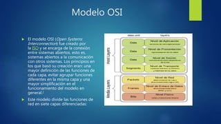 Modelo OSI
 El modelo OSI (Open Systems
Interconnection) fue creado por
la ISO y se encarga de la conexión
entre sistemas abiertos, esto es,
sistemas abiertos a la comunicación
con otros sistemas. Los principios en
los que basó su creación eran: una
mayor definición de las funciones de
cada capa, evitar agrupar funciones
diferentes en la misma capa y una
mayor simplificación en el
funcionamiento del modelo en
general.3
 Este modelo divide las funciones de
red en siete capas diferenciadas:
 