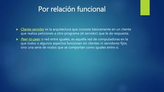 Por relación funcional
 Cliente-servidor es la arquitectura que consiste básicamente en un cliente
que realiza peticiones a otro programa (el servidor) que le da respuesta.
 Peer-to-peer, o red entre iguales, es aquella red de computadoras en la
que todos o algunos aspectos funcionan sin clientes ni servidores fijos,
sino una serie de nodos que se comportan como iguales entre sí.
 