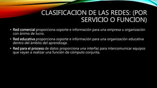 CLASIFICACION DE LAS REDES: (POR
SERVICIO O FUNCION)
• Red comercial proporciona soporte e información para una empresa u organización
con ánimo de lucro.
• Red educativa proporciona soporte e información para una organización educativa
dentro del ámbito del aprendizaje.
• Red para el proceso de datos proporciona una interfaz para intercomunicar equipos
que vayan a realizar una función de cómputo conjunta.
 