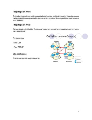 4
• Topología en Anillo
Todos los dispositivos están conectados al otro en un bucle cerrado, de esta manera
cada dispositivo es conectado directamente con otros dos dispositivos, uno en cada
lado de este.
• Topología en Árbol
Es una topología híbrida. Grupos de redes en estrella son conectados a un bus o
backbone lineal.
Por estructura
• Red OSI
• Red TCP/IP
Otra clasificación
Puede ser una intranet o extranet.
 