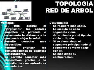 TOPOLOGIA 
RED DE ARBOL 
Ventajas: 
• El Hub central al 
retransmitir las señales 
amplifica la potencia e 
incrementa la distancia a la 
que puede viajar la señal. 
• Permite conectar mas 
dispositivos. 
• Permite priorizar las 
comunicaciones de distintas 
computadoras. 
• Se permite conectar más 
dispositivos gracias a la 
inclusión de concentradores 
secundarios. 
Desventajas: 
• Se requiere más cable. 
• La medida de cada 
segmento viene 
determinada por el tipo de 
cable utilizado. 
• Si se viene abajo el 
segmento principal todo el 
segmento se viene abajo 
con él. 
• Es más difícil su 
configuración. 
 