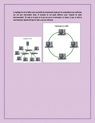 La topología de red se define como una familia de comunicación usada por los computadores que conforman
una red para intercambiar datos. El concepto de red puede definirse como "conjunto de nodos
interconectados". Un nodo es el punto en el que una curva se intercepta a sí misma. Lo que un nodo es
concretamente, depende del tipo de redes a que nos refiramos.
 
