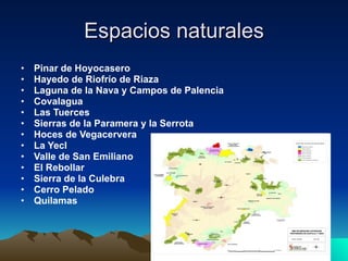 Espacios naturales Pinar de Hoyocasero Hayedo de Riofrío de Riaza Laguna de la Nava y Campos de Palencia Covalagua Las Tuerces Sierras de la Paramera y la Serrota Hoces de Vegacervera La Yecl  Valle de San Emiliano El Rebollar Sierra de la Culebra  Cerro Pelado  Quilamas    