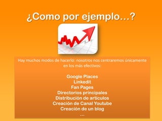 ¿Como por ejemplo…?Hay muchos modos de hacerlo: nosotros nos centraremos únicamente en los más efectivos:Google PlacesLinkeditFan PagesDirectorios principalesDistribución de artículosCreación de Canal YoutubeCreación de un blog…