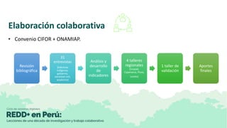 Elaboración colaborativa
• Convenio CIFOR + ONAMIAP.
Revisión
bibliográfica
31
entrevistas
(lideresas
indígenas,
gobierno,...