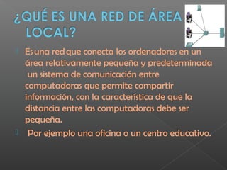  Es una red que conecta los ordenadores en un
área relativamente pequeña y predeterminada
un sistema de comunicación entre
computadoras que permite compartir
información, con la característica de que la
distancia entre las computadoras debe ser
pequeña.
  Por ejemplo una oficina o un centro educativo.
 