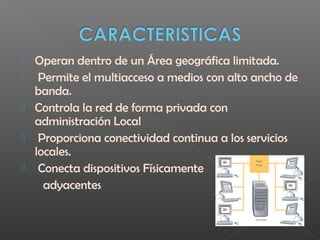  Operan dentro de un Área geográfica limitada.
 Permite el multiacceso a medios con alto ancho de
banda.
 Controla la red de forma privada con
administración Local
 Proporciona conectividad continua a los servicios
locales.
 Conecta dispositivos Físicamente
adyacentes
 