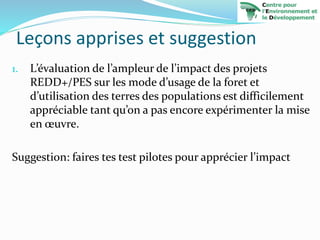 Leçons apprises et suggestion
1. L’évaluation de l’ampleur de l’impact des projets
REDD+/PES sur les mode d’usage de la foret et
d’utilisation des terres des populations est difficilement
appréciable tant qu’on a pas encore expérimenter la mise
en œuvre.
Suggestion: faires tes test pilotes pour apprécier l’impact
 