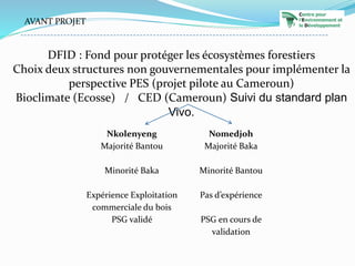 AVANT PROJET
DFID : Fond pour protéger les écosystèmes forestiers
Choix deux structures non gouvernementales pour implémenter la
perspective PES (projet pilote au Cameroun)
Bioclimate (Ecosse) / CED (Cameroun) Suivi du standard plan
Vivo.
Nkolenyeng Nomedjoh
Majorité Bantou Majorité Baka
Minorité Baka Minorité Bantou
Expérience Exploitation
commerciale du bois
Pas d’expérience
PSG validé PSG en cours de
validation
 