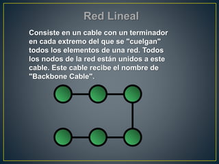 Red Lineal
Consiste en un cable con un terminador
en cada extremo del que se "cuelgan"
todos los elementos de una red. Todos
los nodos de la red están unidos a este
cable. Este cable recibe el nombre de
"Backbone Cable".
 