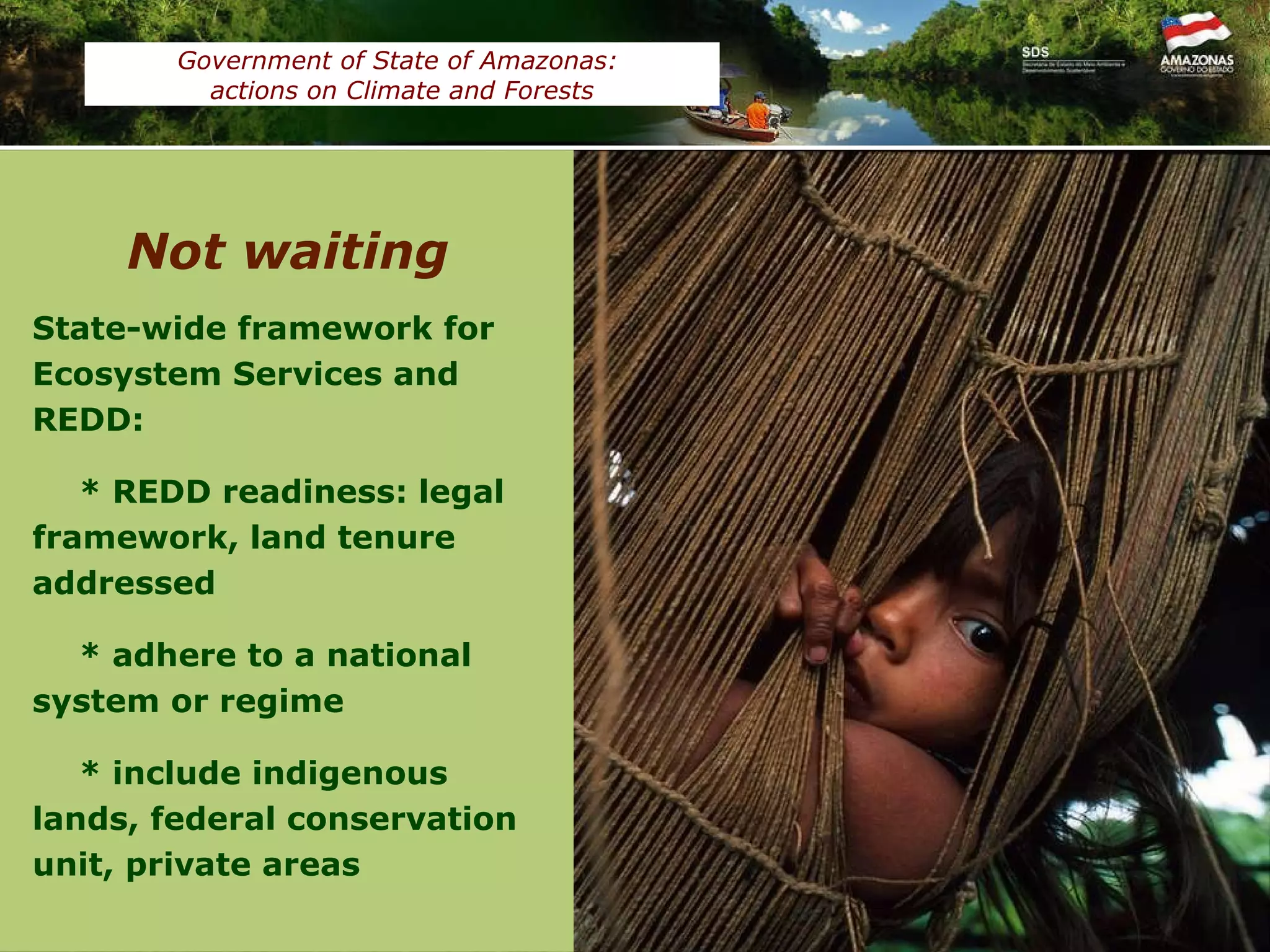 Fonte: CEUC/SDS State-wide framework for Ecosystem Services and REDD:  * REDD readiness: legal framework, land tenure addressed * adhere to a national system or regime * include indigenous lands, federal conservation unit, private areas Not waiting Government of State of Amazonas:  actions on Climate and Forests 