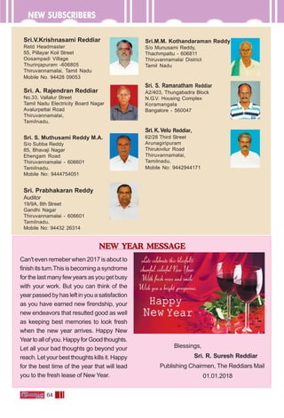 64
NEW SUBSCRIBERS
Sri.V.Krishnasami Reddiar
Retd Headmaster
55, Pillayar Koil Street
Oosampadi Village
Thurinjapuram -606805
Thiruvannamalai, Tamil Nadu
Mobile No. 94428 09053
Sri. A. Rajendran Reddiar
No.33, Vallalur Street
Tamil Nadu Electricity Board Nagar
Avalurpettai Road
Thiruvannamalai,
Tamilnadu.
Sri. S. Muthusami Reddy M.A.
S/o Subba Reddy
85, Bhavaji Nagar
Ehengam Road
Thiruvannamalai - 606601
Tamilnadu.
Mobile No: 9444754051
Sri. Prabhakaran Reddy
Auditor
19/9A, 8th Street
Gandhi Nagar
Thiruvannamalai - 606601
Tamilnadu.
Mobile No: 94432 26314
Sri.M.M. Kothandaraman Reddy
S/o Munusami Reddy,
Thachmpattu - 606811
Thiruvannamalai District
Tamil Nadu
Sri. S. Ramanatham Reddiar
A2/403, Thungabadra Block
N.G.V. Housing Complex
Koramangala
Bangalore - 560047
Sri.K.Velu Reddiar,
62/28 Third Street
Arunagiripuram
Thirukivilur Road
Thiruvannamalai,
Tamilnadu.
Mobile No: 9442944171
NEW YEAR MESSAGE
Can't even remeber when 2017 is about to
finish its turn.This is becoming a syndrome
for the last many few years as you get busy
with your work. But you can think of the
year passed by has left in you a satisfaction
as you have earned new firendship, your
new endeavors that resulted good as well
as keeping best memories to look fresh
when the new year arrives. Happy New
Yeartoallofyou.HappyforGoodthoughts.
Let all your bad thoughts go beyond your
reach. Let your best thoughts kills it. Happy
for the best time of the year that will lead
you to the fresh lease of New Year.
Blessings,
Sri. R. Suresh Reddiar
Publishing Chairmen, The Reddiars Mail
01.01.2018
 