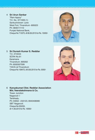 69
4 Sri Arun Sankar
"Ram Appoy''
T.C. No. 37/1939 (1)
Sankuchckram Lane
West Fort, Trivandrum -695023
Ph: 9846111110
Punjab National Bank,
Cheque No 713375, dt 08.06.2015 for Rs. 15000/-
5 Sri Suresh Kumar S. Reddiar
T.C. 47/2244
SCRA No.61
Karamana
Trivandrum. 695002
Ph: 8592007599
T.M.B Ltd Trivandrum
Cheque No 108472, dt 8.06.2015 for Rs. 5000/-
6 Kanyakumari Dist. Reddiar Association
M/s.Veeralakshmana & Co.
Tower Junction
Nagarcoil -l
Tamilnadu.
Ph: 04652 - 233123, 0940408080
SBT Nagarcoil.
Cheque No 055250,
dt11.06.2015forRs.10000/-
 