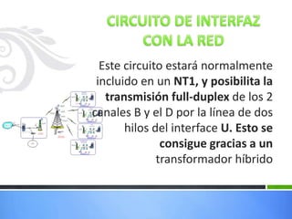 Este circuito estará normalmente
incluido en un NT1, y posibilita la
transmisión full-duplex de los 2
canales B y el D por la línea de dos
hilos del interface U. Esto se
consigue gracias a un
transformador híbrido

 