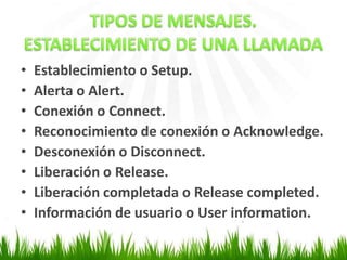 •
•
•
•
•
•
•
•

Establecimiento o Setup.
Alerta o Alert.
Conexión o Connect.
Reconocimiento de conexión o Acknowledge.
Desconexión o Disconnect.
Liberación o Release.
Liberación completada o Release completed.
Información de usuario o User information.

 