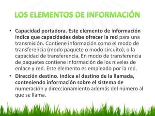 • Capacidad portadora. Este elemento de información
indica que capacidades debe ofrecer la red para una
transmisión. Contiene información como el modo de
transferencia (modo paquete o modo circuito), o la
capacidad de transferencia. En modo de transferencia
de paquetes contiene información de los niveles de
enlace y red. Este elemento es empleado por la red.
• Dirección destino. Indica el destino de la llamada,
conteniendo información sobre el sistema de
numeración y direccionamiento además del número al
que se llama.

 