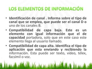 • Identificación de canal . Informa sobre el tipo de
canal que se emplea, que puede ser el canal D o
uno de los canales B.
• Compatibilidad de capa baja. Este es un
elemento con igual información que el de
capacidad portadora, solo que en este caso este
elemento llega al usuario llamado.
• Compatibilidad de capa alta. Identifica el tipo de
aplicación que esta enviando y recibiendo la
información. Esta puede ser texto, vídeo, télex,
facsímil o voz.

 