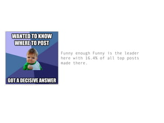 Funny enough Funny is the leader
here with 16.4% of all top posts
made there.
 