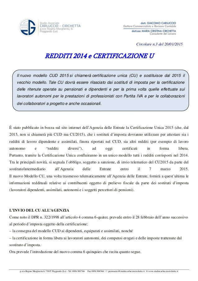 Redditi 2014 e certificazione cu Certificazione redditi