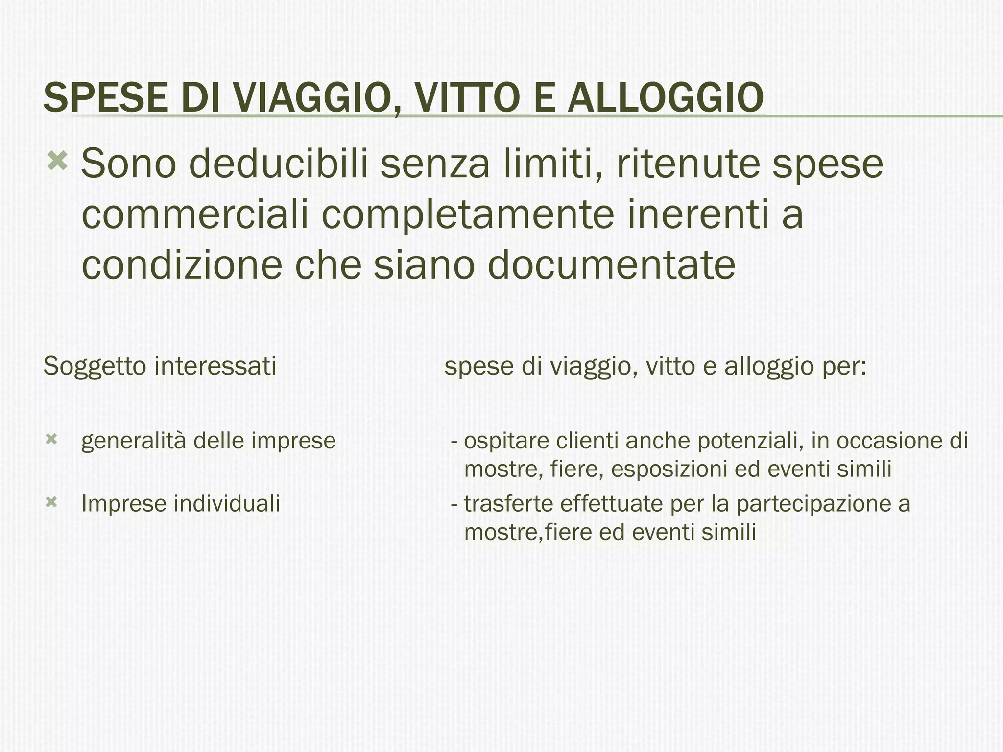 SPESE DI VIAGGIO, VITTO E ALLOGGIO Sono deducibili senza limiti, ritenute spese commerciali completamente inerenti a condizione che siano documentate Soggetto interessati spese di viaggio, vitto e alloggio per: generalità delle imprese  - ospitare clienti anche potenziali, in occasione di    mostre, fiere, esposizioni ed eventi simili  Imprese individuali  - trasferte effettuate per la partecipazione a    mostre, fiere ed eventi simili 