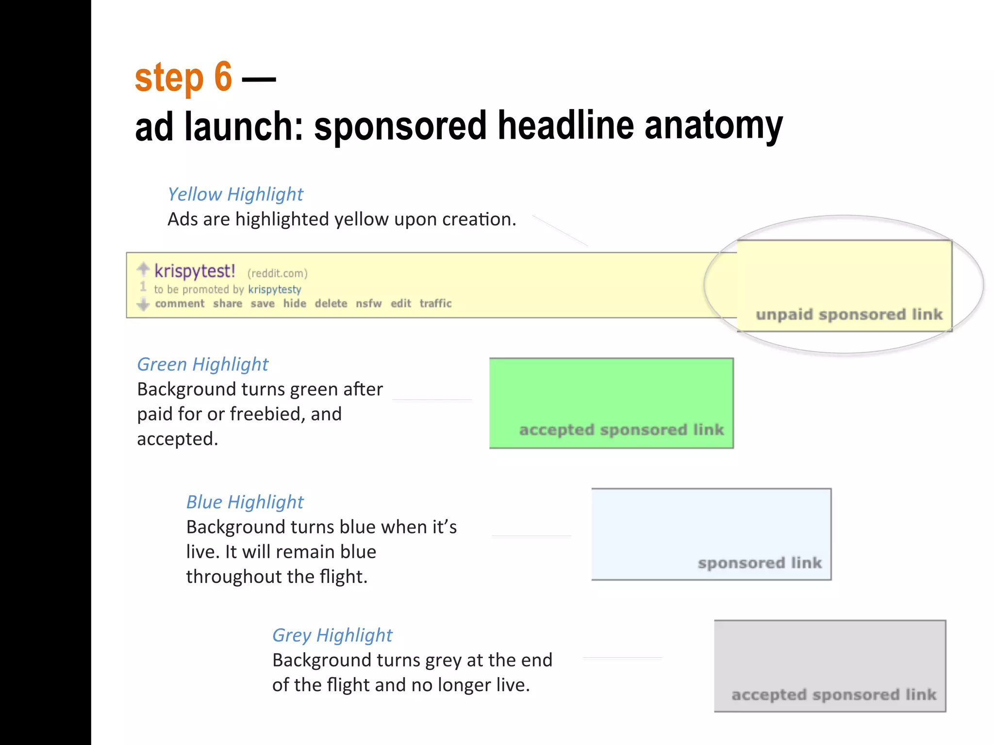 step 6 —
ad launch: sponsored headline anatomy
Yellow	
  Highlight	
  
Ads	
  are	
  highlighted	
  yellow	
  upon	
  crea4on.	
  	
  	
  
Green	
  Highlight	
  
Background	
  turns	
  green	
  a8er	
  
paid	
  for	
  or	
  freebied,	
  and	
  
accepted.	
  	
  	
  
Blue	
  Highlight	
  
Background	
  turns	
  blue	
  when	
  it’s	
  
live.	
  It	
  will	
  remain	
  blue	
  
throughout	
  the	
  ﬂight.	
  
Grey	
  Highlight	
  
Background	
  turns	
  grey	
  at	
  the	
  end	
  
of	
  the	
  ﬂight	
  and	
  no	
  longer	
  live.	
  
 