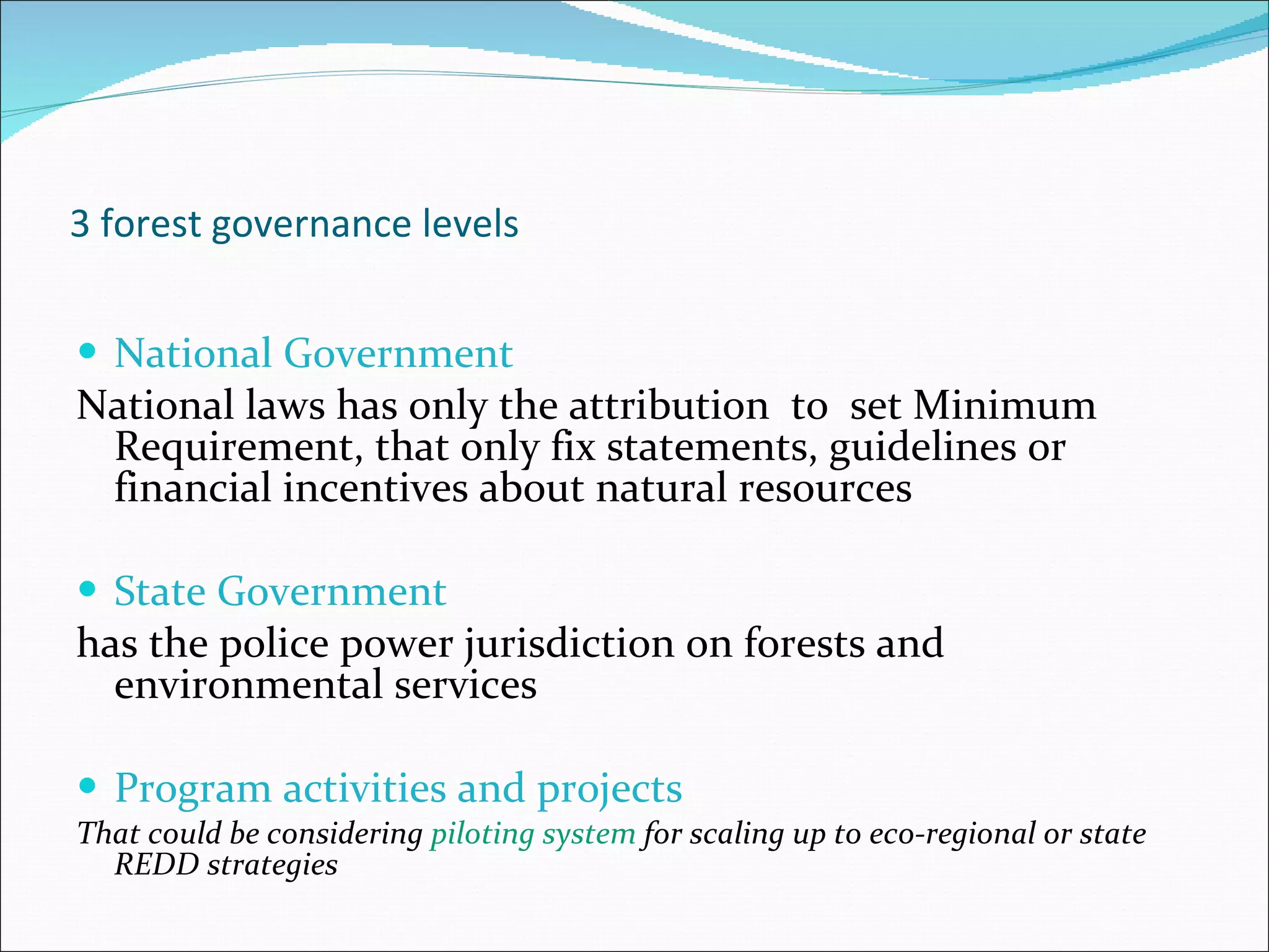 3 forest governance levels  National Government National laws has only the attribution  to  set Minimum Requirement, that only fix statements, guidelines or financial incentives about natural resources State Government  has the police power jurisdiction on forests and environmental services Program activities and projects  That could be considering  piloting system  for scaling up to eco-regional or state REDD strategies  