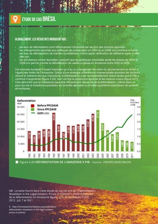 IV-34
Journal d'apprentissage
Globalement, les résultats indiquent que :
•	 les taux de déforestation sont effectivement influencés par les prix des produits agricoles ;
•	 les changements apportés aux politiques de préservation en 2004 et en 2008 ont contribué à freiner
les taux de déforestation de manière considérable, même après vérification de différents types d’effet
des prix ;
•	 les simulations contre-factuelles indiquent que les politiques introduites après les étapes de 2004 et
2008 ont permis d’éviter la déforestation de vastes surfaces en Amazonie entre 2005 et 2009.
Cet exemple souligne l’impact important qu’a eu un changement de vision du gouvernement du Brésil à
l’égard des forêts de l’Amazonie. Grâce à une stratégie cohérente et intersectorielle abordant les facteurs
directs et indirects les plus importants, la déforestation s’est considérablement réduit tandis que le PIB a
continué d’augmenter (figure 4.20), tout comme la production agricole et les revenus ruraux (figure 4.21).
Cela démontre que la croissance peut être efficacement dissociée de la déforestation, même dans un
pays qui est le troisième exportateur de produits agricoles au monde (quatrième exportateur de produits
alimentaires).
Étude de cas Brésil
 Figure 4.20 DÉFORESTATION DE L’AMAZONIE X PIB - Source : PRODES-INPEE BACEN
NB : Le texte fourni dans cette étude de cas est tiré de « Deforestation
Slowdown in the Legal Amazon: Prices or Policies? » (Ralentissement
de la déforestation en Amazonie légale : prix ou politiques ?) (CPI,
2012 : p3, 7 et 35) 6
.
6 http://climatepolicyinitiative.org/publication/
deforestation-slowdown-in-the-legal-amazon-
prices-or-policie/
 