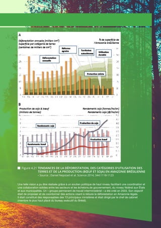Chapitre 4 | Stratégies Nationales et Plans d’Action
IV-35
Une telle vision a pu être réalisée grâce à un soutien politique de haut niveau facilitant une coordination et
une collaboration solides entre les secteurs et les échelons de gouvernement, du niveau fédéral aux États
et aux municipalités. Un « groupe permanent de travail interministériel » a été créé en 2003. Son objectif
était de proposer et de coordonner des actions visant à réduire la déforestation en Amazonie légale.
Il était constitué des responsables des 13 principaux ministères et était dirigé par le chef de cabinet
(membre le plus haut placé du bureau exécutif du Brésil).
 Figure 4.21 TENDANCES DE LA DÉFORESTATION, DES CATÉGORIES D’UTILISATION DES
		 TERRES ET DE LA PRODUCTION (BŒUF ET SOJA) EN AMAZONIE BRÉSILIENNE
		 - Source : Daniel Nepstad et al. Science 2014; 344:1118-1123
 