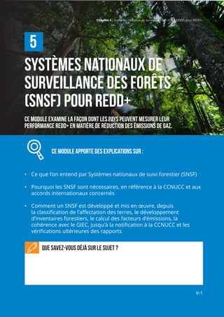 Chapitre 5 | Systèmes nationaux de surveillance des forêts (SNSF) pour REDD+
V-1
Systèmes nationaux de
surveillance des forêts
(SNSF) pour REDD+
Ce module examine la façon dont les pays peuvent mesurer leur
performance REDD+ en matière de réduction des émissions de gaz.
		 Ce module APPORTE des explications sur :
•	 Ce que l’on entend par Systèmes nationaux de suivi forestier (SNSF)
•	 Pourquoi les SNSF sont nécessaires, en référence à la CCNUCC et aux
accords internationaux concernés
•	 Comment un SNSF est développé et mis en œuvre, depuis
la classification de l’affectation des terres, le développement
d’inventaires forestiers, le calcul des facteurs d’émissions, la
cohérence avec le GIEC, jusqu’à la notification à la CCNUCC et les
vérifications ultérieures des rapports
5
Que savez-vous déjà sur le sujet ?
Chapitre 5 | Systèmes nationaux de surveillance des forêts (SNSF) pour REDD+
V-1
 