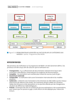 V-20
Journal d'apprentissage
NOTIFICATION POUR REDD+
Des processus de notification sur la progression de REDD+ ont été clairement définis. Ces
processus ont été conçus afin de s’assurer que la notification est :
•	 Transparente – il y a suffisamment de documentation attestant de la façon dont
l’inventaire a été effectué, conformément aux exigences de bonne pratique ;
•	 Complète – les estimations sont notifiées pour toutes les sources, puits et gaz ;
•	 Couverture nationale
•	 Comparable – la notification doit suivre l’orientation internationale et les modèles
existants ;
•	 Cohérente – cohérente avec l’orientation et les directives du GIEC (telles que les niveaux
[d’émission] de référence des forêts) ; les inventaires doivent refléter les variations
réelles des émissions et des absorptions, et ne pas être affectés par des changements
résultant de différences méthodologiques ;
•	 Précise – l’inventaire des GES ne contient pas de sous-estimations ni de surestimations,
pour autant que l’on puisse en juger, et des efforts ont été déployés pour réduire les
erreurs.
 Figure 5.12 PROBLEMATIQUES ASSOCIÉES AU FAIT DE RELIER LES CATÉGORIES AUX 		
		 NIVEAUX - Source : Programme ONU-REDD
 