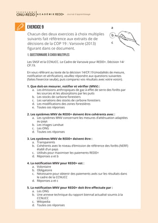 V-24
Journal d'apprentissage
Exercice 9
Chacun des deux exercices à choix multiples
suivants fait référence aux extraits de de
décisions de la COP 19 : Varsovie (2013)
figurant dans ce document.
a
b
c
1. Questionnaire à choix multiples
Les SNSF et la CCNUCC. Le Cadre de Varsovie pour REDD+. Décision 14/
CP.19.
En vous référant au texte de la décision 14/CP.19 (modalités de mesure,
notification et vérification), veuillez répondre aux questions suivantes
(faites l’exercice seul(e), puis comparez vos résultats avec votre voisin).
1. Que doit-on mesurer, notifier et vérifier (MNV) :
a.	 Les émissions anthropiques de gaz à effet de serre des forêts par
les sources et les absorptions par les puits
b.	 Les stocks de carbone forestiers
c.	 Les variations des stocks de carbone forestiers
d.	 Les modifications des zones forestières
e.	 Toutes ces réponses
2. Les systèmes MNV de REDD+ doivent être cohérents avec :
a.	 Les systèmes MNV concernant les mesures d’atténuation adaptées
au pays
b.	 Les images Landsat
c.	 Les ONG
d.	 Toutes ces réponses
3. Les systèmes MNV de REDD+ doivent être :
a.	 Transparents
b.	 Cohérents avec le niveau d’émission de référence des forêts (NERF)
établi d’un pays
c.	 Utilisés pour maximiser les paiements REDD+
d.	 Réponses a et b
4. La notification MNV pour REDD+ est :
a.	 Volontaire
b.	 Obligatoire
c.	 Nécessaire pour obtenir des paiements axés sur les résultats dans
le cadre de la CCNUCC
d.	 Réponses a et c
5. La notification MNV pour REDD+ doit être effectuée par :
a.	 Les ONG
b.	 Une annexe technique du rapport biennal actualisé soumis à la
CCNUCC
c.	 Wikipedia
d.	 Toutes ces réponses
 