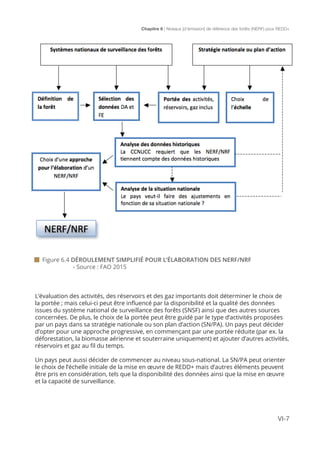 Chapitre 6 | Niveaux [d’émission] de référence des forêts (NERF) pour REDD+
VI-7
 Figure 6.4 DÉROULEMENT SIMPLIFIÉ POUR L’ÉLABORATION DES NERF/NRF
		- Source : FAO 2015
L’évaluation des activités, des réservoirs et des gaz importants doit déterminer le choix de
la portée ; mais celui-ci peut être influencé par la disponibilité et la qualité des données
issues du système national de surveillance des forêts (SNSF) ainsi que des autres sources
concernées. De plus, le choix de la portée peut être guidé par le type d’activités proposées
par un pays dans sa stratégie nationale ou son plan d’action (SN/PA). Un pays peut décider
d’opter pour une approche progressive, en commençant par une portée réduite (par ex. la
déforestation, la biomasse aérienne et souterraine uniquement) et ajouter d’autres activités,
réservoirs et gaz au fil du temps.
Un pays peut aussi décider de commencer au niveau sous-national. La SN/PA peut orienter
le choix de l’échelle initiale de la mise en œuvre de REDD+ mais d’autres éléments peuvent
être pris en considération, tels que la disponibilité des données ainsi que la mise en œuvre
et la capacité de surveillance.
 