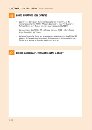 VI-14
Journal d'apprentissage
Quelles questions avez-vous concernant ce sujet ?
POINTS IMPORTANTS DE CE CHAPITRE
•	 Les niveaux d’émission de référence des forêts et les niveaux de
référence des forêts (NERF/NRF) sont des repères pour l’évaluation de
l’efficacité des pays dans la mise en œuvre des activités REDD+.
•	 La soumission des NERF/NRF est le seul élément REDD+ à faire l’objet
d’une évaluation technique.
•	 Le type d’approche choisi par un pays pour l’établissement des NERF/NRF
dépend de l’analyse des facteurs de déforestation et de dégradation des
forêts, ainsi que de la situation au niveau national.
 
