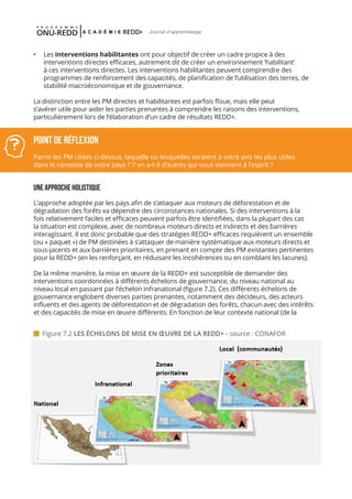 VII-6
Journal d'apprentissage
•	 Les interventions habilitantes ont pour objectif de créer un cadre propice à des
interventions directes efficaces, autrement dit de créer un environnement ‘habilitant’
à ces interventions directes. Les interventions habilitantes peuvent comprendre des
programmes de renforcement des capacités, de planification de l’utilisation des terres, de
stabilité macroéconomique et de gouvernance.
La distinction entre les PM directes et habilitantes est parfois floue, mais elle peut
s’avérer utile pour aider les parties prenantes à comprendre les raisons des interventions,
particulièrement lors de l’élaboration d’un cadre de résultats REDD+.
UNE APPROCHE HOLISTIQUE
L’approche adoptée par les pays afin de s’attaquer aux moteurs de déforestation et de
dégradation des forêts va dépendre des circonstances nationales. Si des interventions à la
fois relativement faciles et efficaces peuvent parfois être identifiées, dans la plupart des cas
la situation est complexe, avec de nombreux moteurs directs et indirects et des barrières
interagissant. Il est donc probable que des stratégies REDD+ efficaces requièrent un ensemble
(ou « paquet ») de PM destinées à s’attaquer de manière systématique aux moteurs directs et
sous-jacents et aux barrières prioritaires, en prenant en compte des PM existantes pertinentes
pour la REDD+ (en les renforçant, en réduisant les incohérences ou en comblant les lacunes).
De la même manière, la mise en œuvre de la REDD+ est susceptible de demander des
interventions coordonnées à différents échelons de gouvernance, du niveau national au
niveau local en passant par l’échelon infranational (figure 7.2). Ces différents échelons de
gouvernance englobent diverses parties prenantes, notamment des décideurs, des acteurs
influents et des agents de déforestation et de dégradation des forêts, chacun avec des intérêts
et des capacités de mise en œuvre différents. En fonction de leur contexte national (de la
 Figure 7.2 LES ÉCHELONS DE MISE EN ŒUVRE DE LA REDD+ - source : CONAFOR
POINT DE Réflexion
Parmi les PM citées ci-dessus, laquelle ou lesquelles seraient à votre avis les plus utiles
dans le contexte de votre pays ? Y en a-t-il d’autres qui vous viennent à l’esprit ?
 