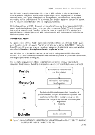 Chapitre 7 | Politiques et Mesures pour mettre en ceuvre la REDD+
VII-13
Les décisions stratégiques relatives à la portée et à l’échelle de la mise en œuvre de la
REDD+ peuvent être prises à différentes étapes du processus de préparation. Mais ces
considérations, ainsi que d’autres (dont les arrangements, institutionnels, juridiques et
financiers), auront une incidence sur le processus de prise de décisions concernant les PM.
Les PM peuvent cependant être affinées en plusieurs étapes.
Définir la portée de la REDD+ demande un travail analytique sur la ou les activités REDD+,
parmi les cinq activités possibles, qui seront mises en oeuvre. Définir l’échelle demande
une analyse stratégique de l’ampleur de la mise en œuvre des PM REDD+, ainsi qu’une
consultation sur celle-ci, que ce soit à l’échelle nationale, à l’échelle infranationale, ou une
combinaison des deux.
PORTEE DE LA REDD+
La « portée » des activités REDD+ a principalement trait à la ou les activité(s) REDD+ qu’un
pays choisit de mettre en œuvre. Pour en savoir plus sur la portée de la REDD+, y compris
les différents éléments qui peuvent contribuer aux prises de décision à leur égard, veuillez
consulter le Module 4 : Stratégies nationales et plans d’action.
Les décisions sur la portée de la REDD+ peuvent avoir un impact considérable sur les
moteurs et/ou les barrières qui devraient être abordés en priorité, et par conséquent sur les
PM les plus pertinentes à cet égard.
Par exemple, un pays qui décide de se concentrer sur la mise en œuvre de l’activité «
réduction des émissions dues à la déforestation » peut avoir intérêt à aborder en priorité
 Figure 7.5 CONSIDÉRATIONS STRATÉGIQUES CONCERNANT LA PORTÉE ET L’ÉCHELLE DE	
LA REDD+ ET LA MISE EN ŒUVRE DE PM
 