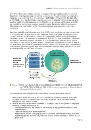 Chapitre 7 | Politiques et Mesures pour mettre en ceuvre la REDD+
VII-19
 Figure 7.7 MISE EN COMMUN DE RESSOURCES FINANCIÈRES VERS UN DÉVELOPPEMENT
OPTIMISÉ COMPATIBLE AVEC LA REDD+ - source: adapté de la Stratégie-Cadre
Nationale REDD+ de la RDC
En outre, selon le contexte du pays, les sources domestiques de financement peuvent
également être importantes pour la mise en œuvre des PM, et renforcer l’appropriation
nationale et la pérennité de la mise en œuvre de la REDD+. L’alignement des objectifs
et PM REDD+ avec les objectifs prioritaires nationaux et les programmes existants, ainsi
que leur intégration dans ceux-ci, peuvent faciliter ce processus. Au Mexique, la REDD+
est considérée comme une occasion supplémentaire d’atteindre l’objectif national de
développement rural intégré et fait l’objet de pilotes dans ce cadre dans trois États
mexicains.
Il est peu probable que le financement de la REDD+, qu’il provienne de sources nationales
ou internationales, puisse atteindre un niveau de financement égal à celui qui soutient
certains moteurs de déboisement (par ex. les subventions ou investissements directs
dans l’agriculture). Dans ces cas, le financement de la REDD+ peut contribuer à influencer
les objectifs sectoriels et/ou les politiques et programmes qui y sont liés plutôt que de
concurrencer directement le ou les moteurs eux-mêmes sur le plan économique. À cette
fin, il peut être nécessaire de favoriser la révision du cadre fiscal global pour l’orienter vers
une situation gagnant-gagnant, avec des mesures incitatives plus efficaces tant sur le plan
économique que sur celui de la durabilité.
Les analyses de coût et la planification financière peuvent servir deux objectifs :
I.	 contribuer à la hiérarchisation des options durant le processus d’élaboration de la
stratégie (les PM non viables sur le plan financier peuvent être éliminées ou leur
conception peut être modifiée).
II.	 refléter les coûts de la mise en œuvre de la stratégie une fois les options stratégiques
retenues. Cela peut contribuer à :
•	 déterminer la nature des dépenses encourues par le pays et le moment où elles
interviennent;
•	 identifier des sources de financement ;
•	 redéfinir des options stratégiques afin de créer des activités rentables d’utilisation
des terres (par ex. modifier les politiques fiscales afin de rendre une activité REDD+
profitable) ;
 
