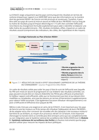 VII-30
Journal d'apprentissage
La CCNUCC exige uniquement que les pays communiquent les résultats en termes de
carbone (impact) par rapport à un NERF/NRF (ainsi que des informations sur la manière
dont les garanties REDD+ de Cancún ont été promues et soutenues). Toutefois, il peut
être utile aux pays de suivre la mise en œuvre et l’effet de leur PM REDD+ tout au long de
la chaîne de résultats jusqu’à l’impact désiré (figure 7.11) afin d’en contrôler l’efficacité.
Une théorie du changement formulée explicitement peut aider à identifier et élaborer une
telle chaîne de causalité (intrants - PM, résultats immédiats, effets, impact) et un cadre de
résultats associé (comprenant des indicateurs, des cibles, des hypothèses et des risques).
Un cadre de résultats solide peut aider les pays à faire le suivi de l’efficacité avec laquelle
les PM sont mises en œuvre et progressent en vue d’obtenir des résultats (contrôle). Les
pays peuvent ensuite être en mesure d’identifier les PM les plus efficaces et présentant
le meilleur rapport coût-efficacité, celles qui ne fonctionnent pas bien et qui doivent être
modifiées ou remplacées, ainsi que les besoins en termes d’interventions supplémentaires
pour obtenir l’effet escompté. C’est également l’occasion d’évaluer rétrospectivement (« ex-
post ») l’efficacité et l’efficience d’un paquet de PM.
Même si cela n’est pas une exigence en vertu de la CCNUCC, il est important pour les pays
de faire le suivi les moteurs au fil du temps afin d’évaluer l’adéquation de leurs PM REDD+,
de les adapter et/ou d’en concevoir de nouvelles afin de s’attaquer à de nouveaux moteurs/
barrières le cas échéant, au moyen d’un processus itératif. En ce faisant, il est important
d’envisager la manière dont ce contrôle peut être entrepris ainsi que ses complémentarités
ou son intégration avec le Système national de surveillance des forêts (SNSF) (voir le Module
5 : Systèmes nationaux de surveillance des forêts) et d’autres instruments que les pays
peuvent utiliser pour mesurer les impacts de leurs politiques.
 Figure 7.11 RÉSULTATS DE CAUSE A EFFET SOULIGNANT L’APPROCHE DE LA THÉORIE 		
		 DU CHANGEMENT - source: Programme ONU-REDD
Stratégie Nationale ou Plan d’Action REDD+
Politiques et
Mesures
 