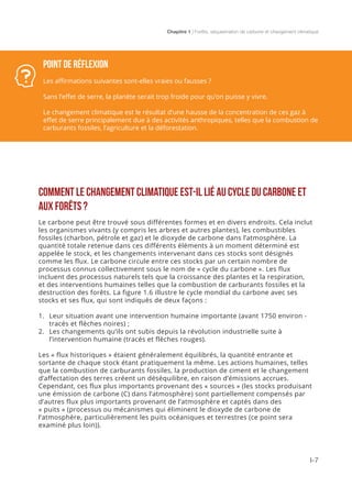 Chapitre 1 | Forêts, séquestration de carbone et changement climatique
I-7
POINT DE RÉFLEXION
Les affirmations suivantes sont-elles vraies ou fausses ?
Sans l’effet de serre, la planète serait trop froide pour qu’on puisse y vivre.
Le changement climatique est le résultat d’une hausse de la concentration de ces gaz à
effet de serre principalement due à des activités anthropiques, telles que la combustion de
carburants fossiles, l’agriculture et la déforestation.
COMMENT LE CHANGEMENT CLIMATIQUE EST-IL LIÉ AU CYCLE DU CARBONE ET
AUX FORÊTS ?
Le carbone peut être trouvé sous différentes formes et en divers endroits. Cela inclut
les organismes vivants (y compris les arbres et autres plantes), les combustibles
fossiles (charbon, pétrole et gaz) et le dioxyde de carbone dans l’atmosphère. La
quantité totale retenue dans ces différents éléments à un moment déterminé est
appelée le stock, et les changements intervenant dans ces stocks sont désignés
comme les flux. Le carbone circule entre ces stocks par un certain nombre de
processus connus collectivement sous le nom de « cycle du carbone ». Les flux
incluent des processus naturels tels que la croissance des plantes et la respiration,
et des interventions humaines telles que la combustion de carburants fossiles et la
destruction des forêts. La figure 1.6 illustre le cycle mondial du carbone avec ses
stocks et ses flux, qui sont indiqués de deux façons :
1.	 Leur situation avant une intervention humaine importante (avant 1750 environ -
tracés et flèches noires) ;
2.	 Les changements qu’ils ont subis depuis la révolution industrielle suite à
l’intervention humaine (tracés et flèches rouges).
Les « flux historiques » étaient généralement équilibrés, la quantité entrante et
sortante de chaque stock étant pratiquement la même. Les actions humaines, telles
que la combustion de carburants fossiles, la production de ciment et le changement
d’affectation des terres créent un déséquilibre, en raison d’émissions accrues.
Cependant, ces flux plus importants provenant des « sources » (les stocks produisant
une émission de carbone (C) dans l’atmosphère) sont partiellement compensés par
d’autres flux plus importants provenant de l’atmosphère et captés dans des
« puits » (processus ou mécanismes qui éliminent le dioxyde de carbone de
l’atmosphère, particulièrement les puits océaniques et terrestres (ce point sera
examiné plus loin)).
 