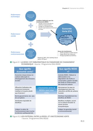 Chapitre 9 | Financement de la REDD+
IX-3
 Figure 9.1 LA REDD+ EST EMBLÉMATIQUE DU PARADIGME DE CHANGEMENT 			
		ÉCONOMIQUE - Source : Programme ONU-REDD
 Figure 9.2 LIEN INTÉGRAL ENTRE LA REDD+ ET UNE ÉCONOMIE VERTE 		 		
		 - Source : Programme ONU-REDD
Que	
  signiﬁe	
  
économie	
  verte?	
  
Que	
  signiﬁe	
  REDD
+?	
  
Economie	
  à	
  basse	
  teneur	
  en	
  
carbone	
  (découpler	
  le	
  
développement	
  des	
  émissions	
  
de	
  GES	
  
Ac9vités	
  REDD+:	
  Réduire	
  la	
  
déforesta9on	
  et	
  la	
  
dégrada9on	
  des	
  forêts	
  et	
  
conserva9on,	
  ges9on	
  durable	
  
des	
  forêts	
  et	
  renforcement	
  
des	
  stocks	
  de	
  carbone	
  
Eﬃcacité	
  d’u9lisa9on	
  des	
  
ressources	
  (conserver,	
  
réu9liser	
  et	
  recycler	
  plutôt	
  
que	
  d’extraire	
  
L’économie	
  verte	
  et	
  
REDD+	
  sont	
  inter	
  
reliés	
  
Récompenser	
  les	
  pays	
  en	
  
développement	
  pour	
  des	
  
réduc9ons	
  vériﬁés	
  de	
  carbone	
  
fores9er	
  
Bonne	
  gouvernance,	
  (ex.:	
  peu	
  
de	
  corrup9on)	
  
Distribuer	
  équitablement	
  les	
  
bénéﬁces	
  de	
  REDD+	
  
Distribu9on	
  équitable	
  de	
  
bénéﬁces	
  
Bénéﬁces	
  mul9ples:	
  accent	
  
sur	
  le	
  carbone	
  fores9er	
  et	
  
autres	
  services	
  
écosystémiques	
  
Intégrer	
  la	
  valeur	
  de	
  
l’environnement	
  dans	
  la	
  prise	
  
de	
  décision	
  publique/privée	
  
Intégrer	
  les	
  garan9es	
  (social	
  
et	
  environnemental)	
  
)
)
 