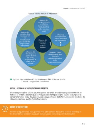 Chapitre 9 | Financement de la REDD+
IX-7
1 2 3
 Figure 9.3 MESURES D’INCITATION FINANCIÈRE POUR LA REDD+
		- Source : Programme ONU-REDD
NIVEAU 1. LE PRIX OU LA VALEUR DU CARBONE FORESTIER
L’une des principales raisons pour lesquelles les forêts (tropicales) disparaissent tient au
fait que le système économique ne fixe généralement pas un prix ou une valeur pour le
carbone forestier et/ou d’autres services écosystémiques de la forêt, tel que les fonctions de
régulation de l’eau que les forêts fournissent.
POINT DE RÉFLEXION
Hormis la régulation de l’eau, pouvez-vous citer certains des autres services assurés par
les écosystèmes forestiers auxquels aucune valeur économique n’est attribuée ?
 