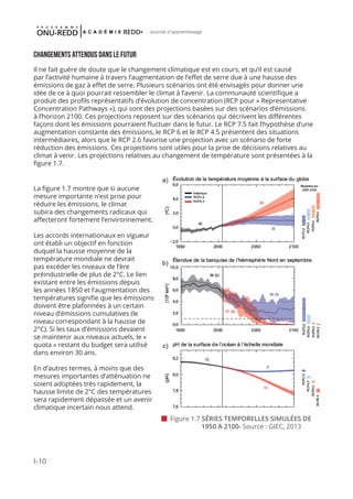 I-10
Journal d'apprentissage
CHANGEMENTS ATTENDUS DANS LE FUTUR
Il ne fait guère de doute que le changement climatique est en cours, et qu’il est causé
par l’activité humaine à travers l’augmentation de l’effet de serre due à une hausse des
émissions de gaz à effet de serre. Plusieurs scénarios ont été envisagés pour donner une
idée de ce à quoi pourrait ressembler le climat à l’avenir. La communauté scientifique a
produit des profils représentatifs d’évolution de concentration (RCP pour « Representative
Concentration Pathways »), qui sont des projections basées sur des scénarios d’émissions
à l’horizon 2100. Ces projections reposent sur des scénarios qui décrivent les différentes
façons dont les émissions pourraient fluctuer dans le futur. Le RCP 7.5 fait l’hypothèse d’une
augmentation constante des émissions, le RCP 6 et le RCP 4.5 présentent des situations
intermédiaires, alors que le RCP 2.6 favorise une projection avec un scénario de forte
réduction des émissions. Ces projections sont utiles pour la prise de décisions relatives au
climat à venir. Les projections relatives au changement de température sont présentées à la
figure 1.7.
La figure 1.7 montre que si aucune
mesure importante n’est prise pour
réduire les émissions, le climat
subira des changements radicaux qui
affecteront fortement l’environnement.
Les accords internationaux en vigueur
ont établi un objectif en fonction
duquel la hausse moyenne de la
température mondiale ne devrait
pas excéder les niveaux de l’ère
préindustrielle de plus de 2°C. Le lien
existant entre les émissions depuis
les années 1850 et l’augmentation des
températures signifie que les émissions
doivent être plafonnées à un certain
niveau d’émissions cumulatives (le
niveau correspondant à la hausse de
2°C). Si les taux d’émissions devaient
se maintenir aux niveaux actuels, le «
quota » restant du budget sera utilisé
dans environ 30 ans.
En d’autres termes, à moins que des
mesures importantes d’atténuation ne
soient adoptées très rapidement, la
hausse limite de 2°C des températures
sera rapidement dépassée et un avenir
climatique incertain nous attend.
 Figure 1.7 SÉRIES TEMPORELLES SIMULÉES DE 	
	 1950 A 2100- Source : GIEC, 2013
 