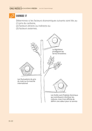 IX-22
Journal d'apprentissage
EXERCICE 17
Déterminez si les facteurs économiques suivants sont liés au
(1) prix du carbone,
(2) facteurs directs ou indirects ou
(3) facteurs externes.
La législation
protégeant les
terres forestières
Les forêts sont l’habitat d’animaux
qui contribuent à fertiliser les
cultures, mais il est difficile de
définir une valeur pour ce service
Les fluctuations du prix
du maïs sur le marché
international
 